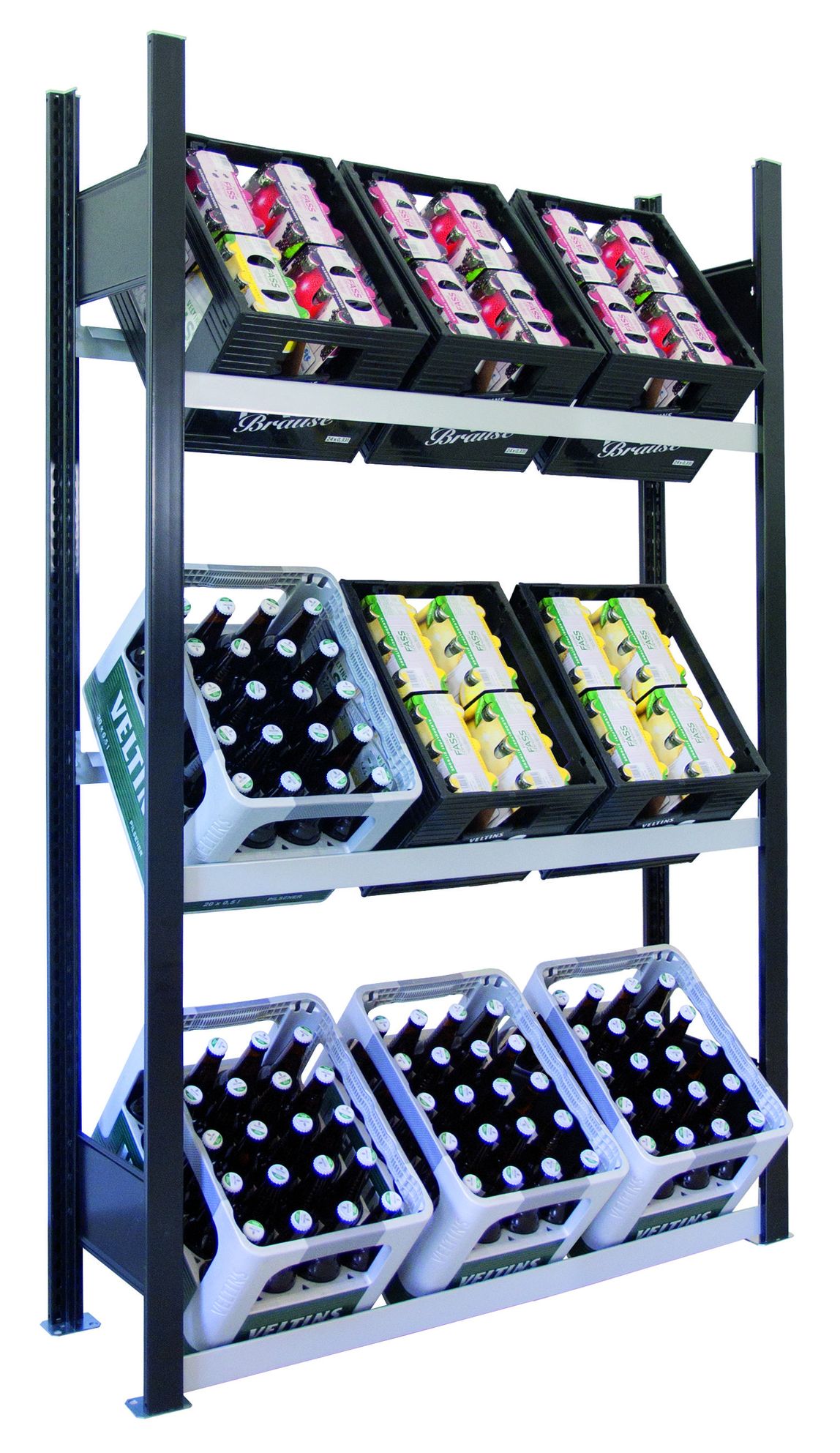 Getränkekistenregal für bis zu 9 Kisten, 180x106x30 cm (HxBxT), Traglast pro Ebene 60 Kg, schwarz-silber